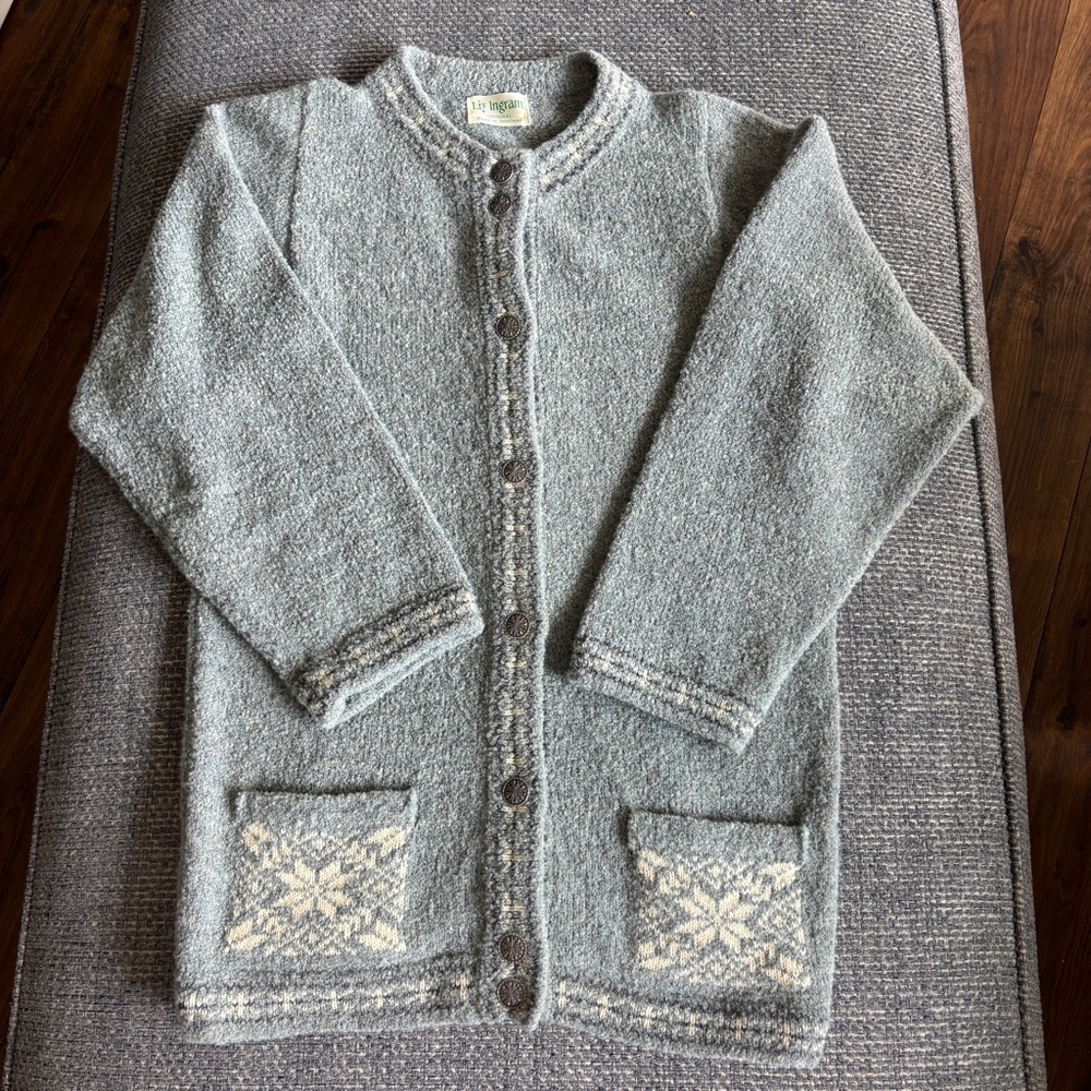 Liz Ingram Fair Isle Cardigan Blue Gray Merino Lambswool Sweater Size S